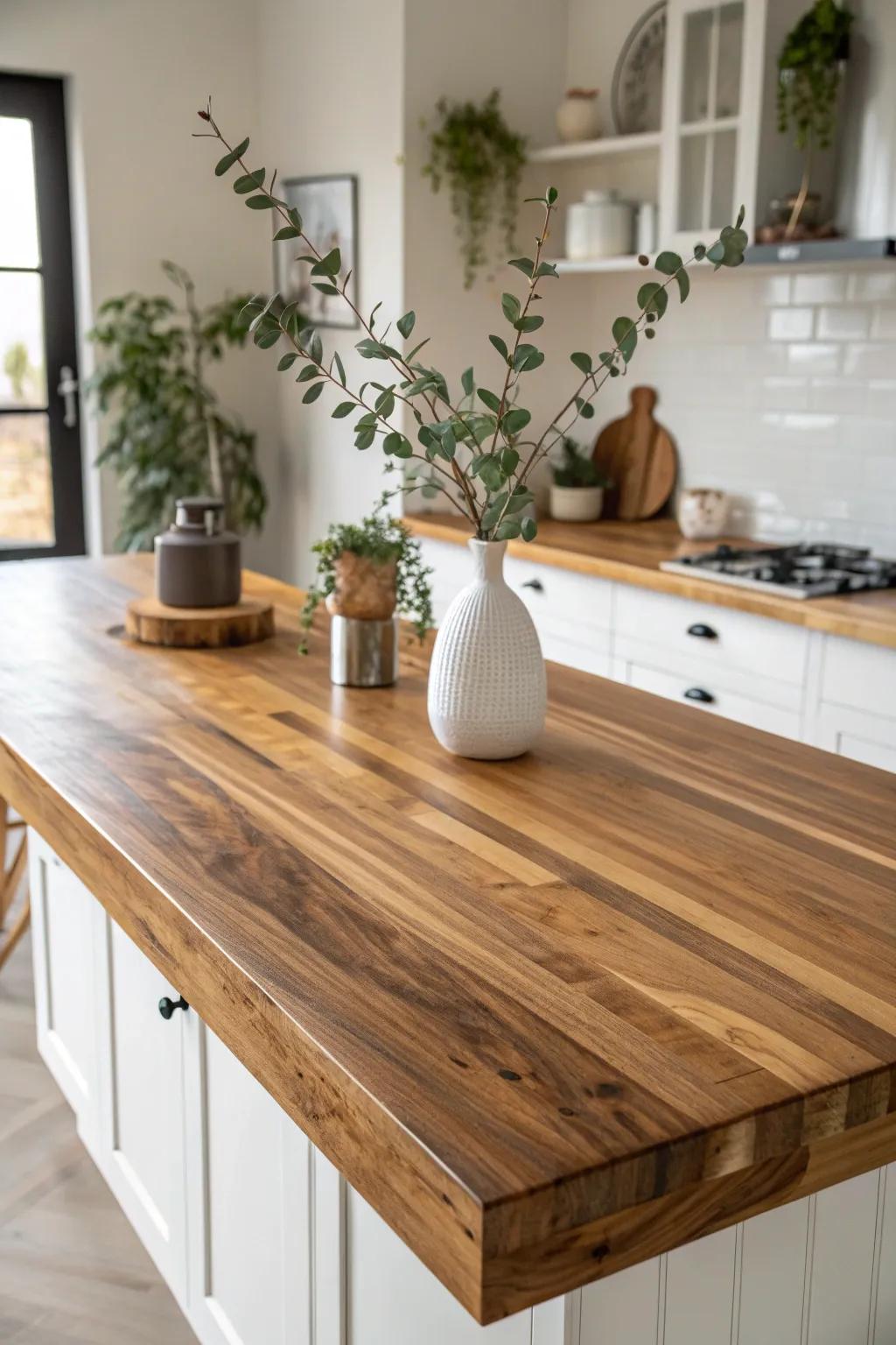 Elevate your kitchen with the rustic elegance of a butcher block countertop, where craftsmanship meets minimalist charm.