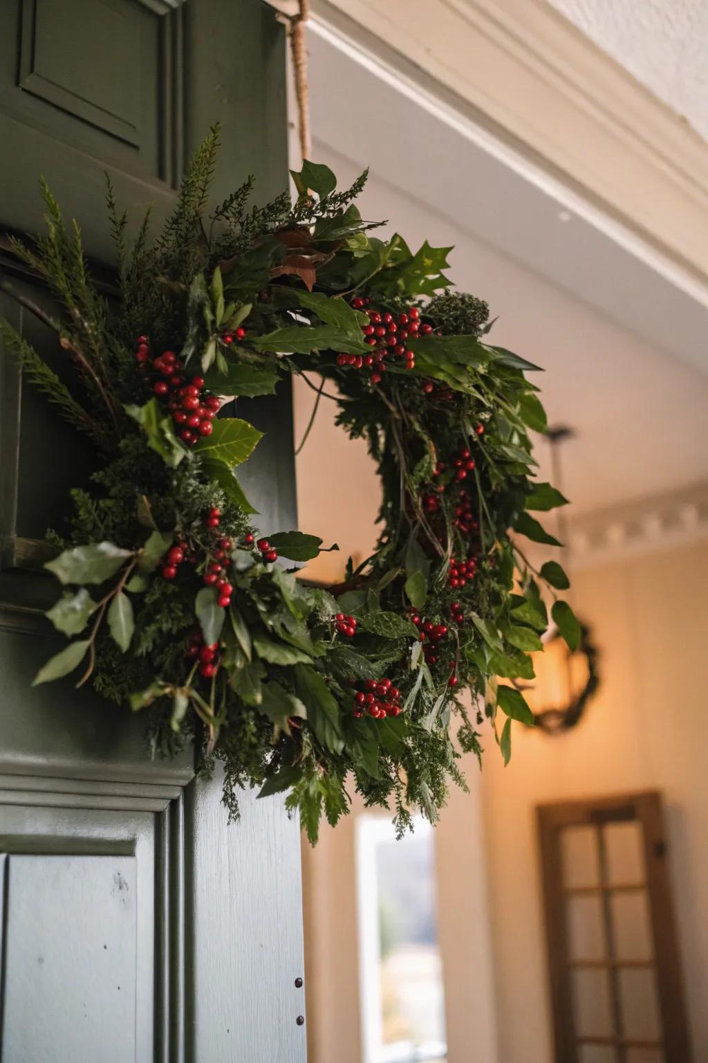 Create drama with a ceiling hook to hang your wreath above the door.