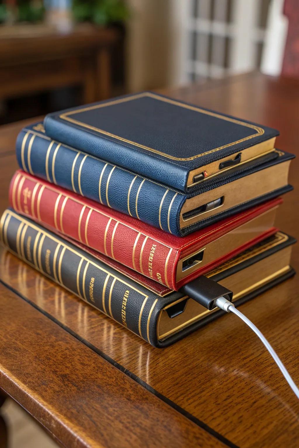 Transform your space with a touch of literary elegance by hiding cords in decorative books.