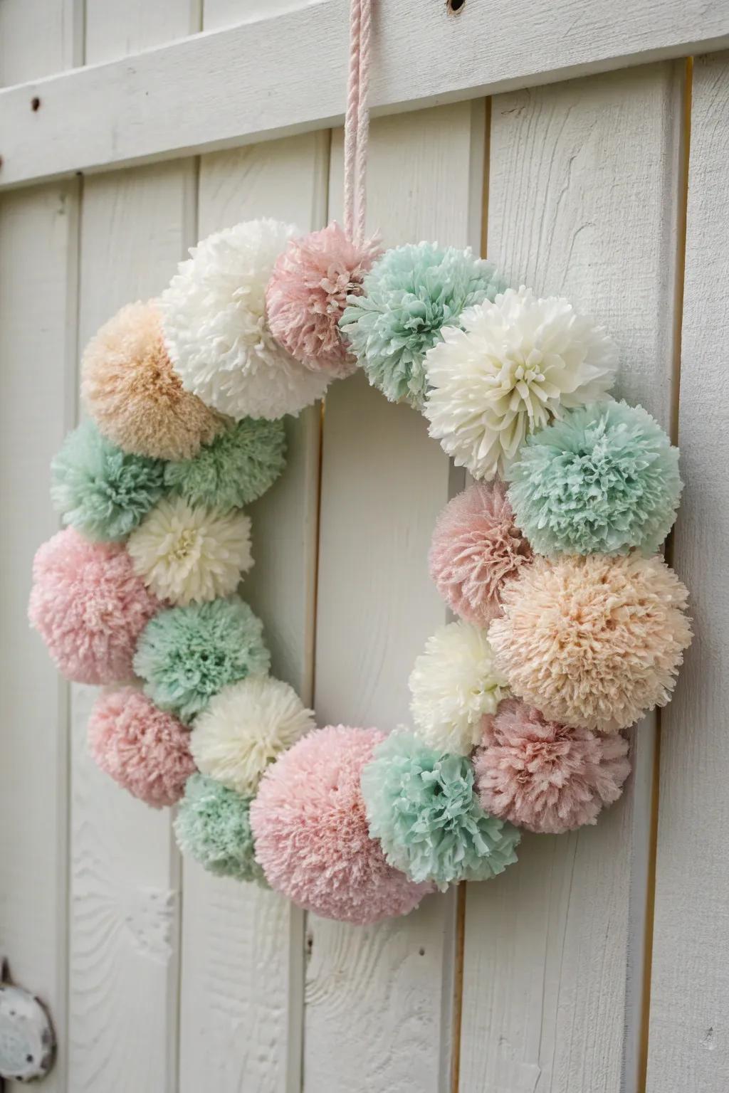 Add a playful touch of handcrafted charm to your space with this delightful fabric pom-pom wreath. 🌸✨
