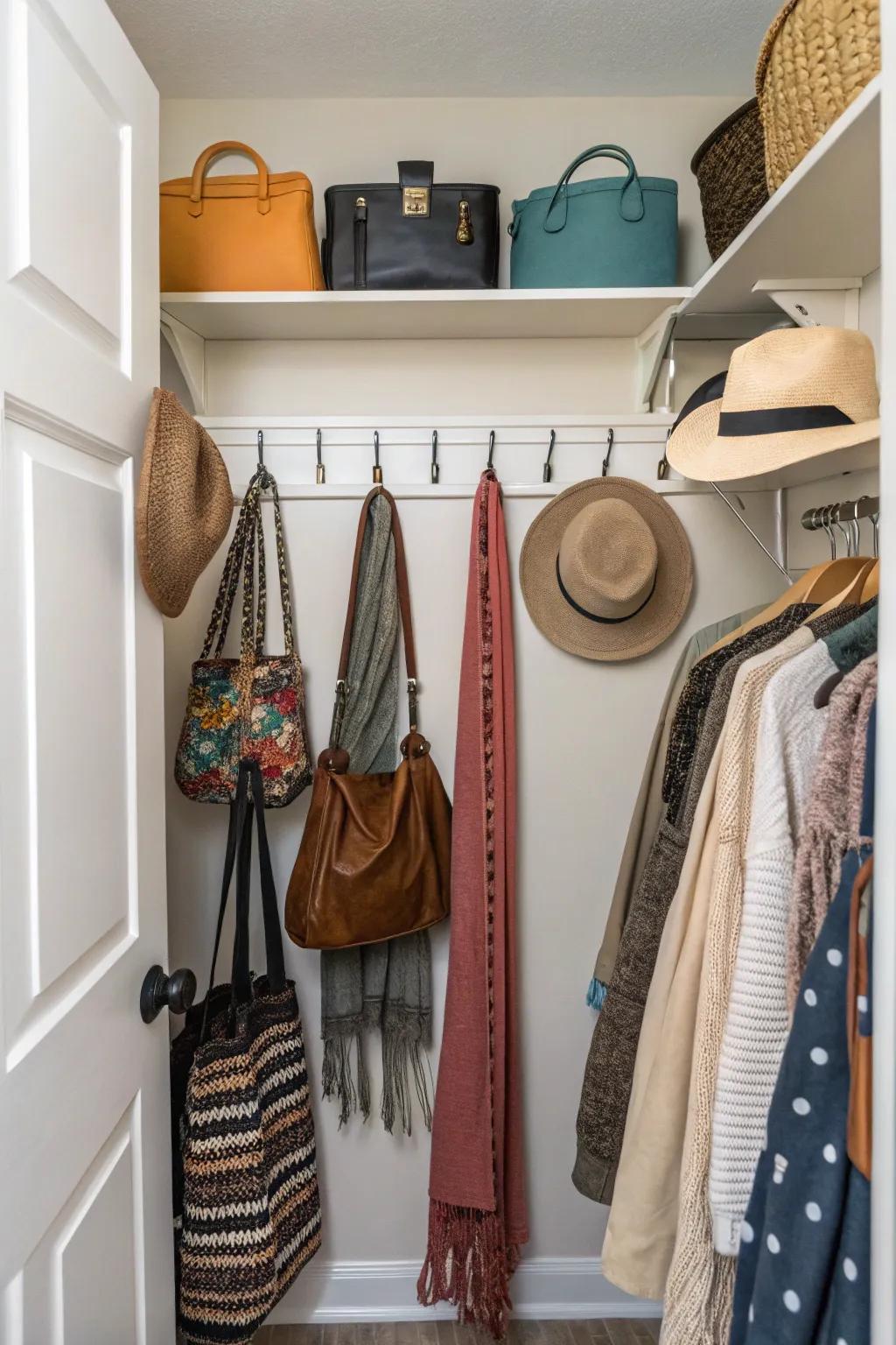 Utilize hooks to maximize wall space for hanging various accessories.
