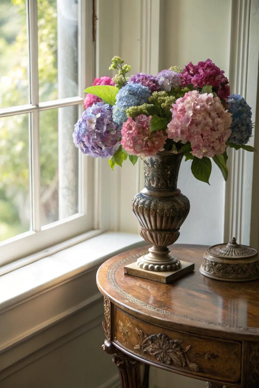 A vintage vase filled with hydrangeas brings history to life.