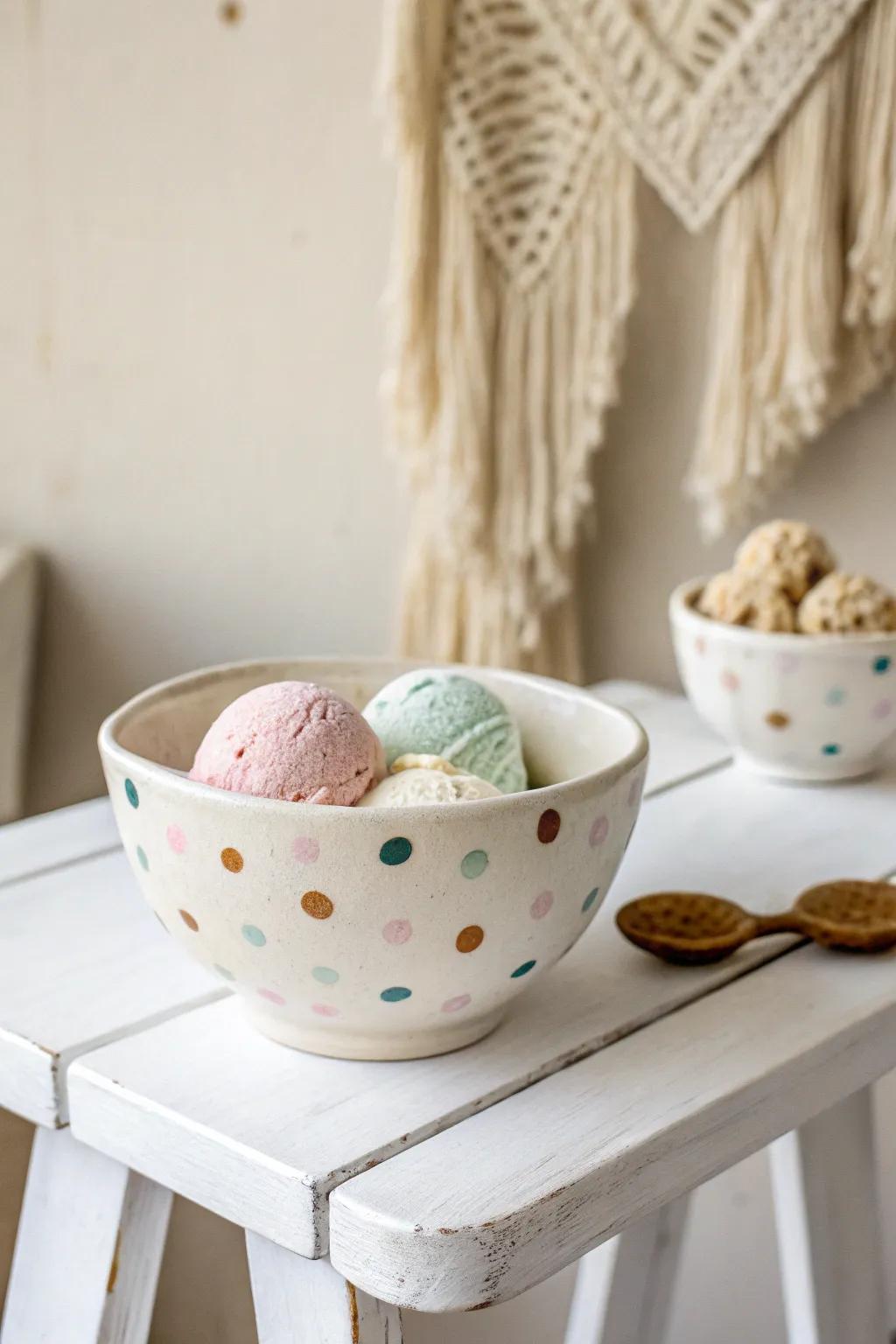 Add a playful touch to your dessert time with this charming polka dot ice cream bowl—where minimalism meets whimsy.