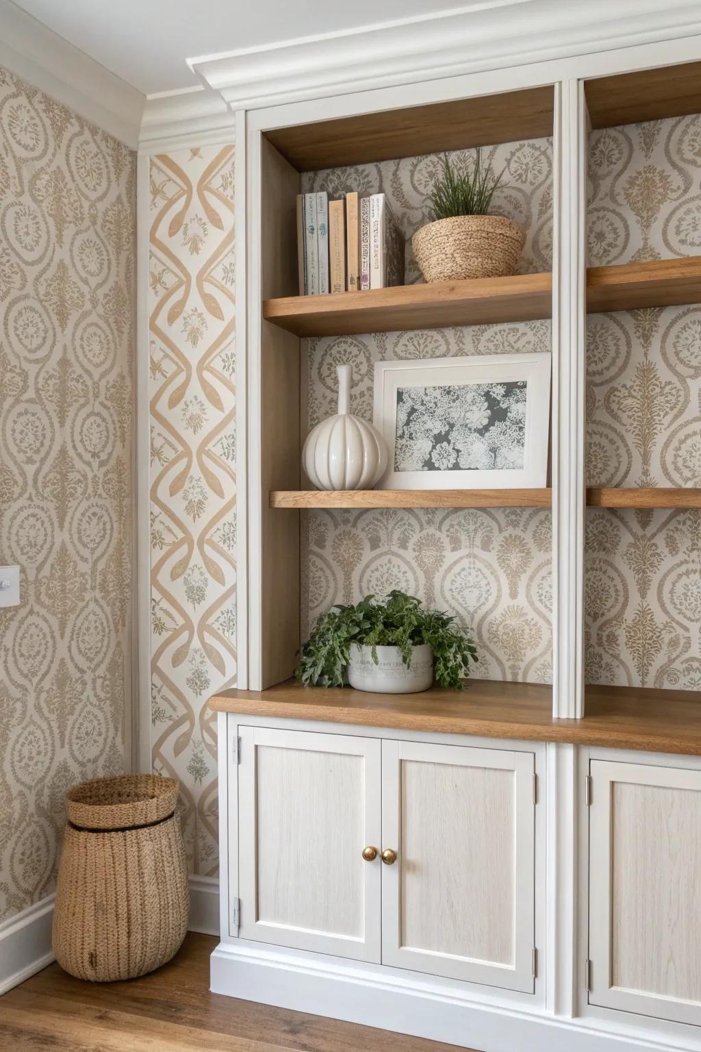 Transform your bookshelf with stunning wallpaper for a unique, boho-chic touch.