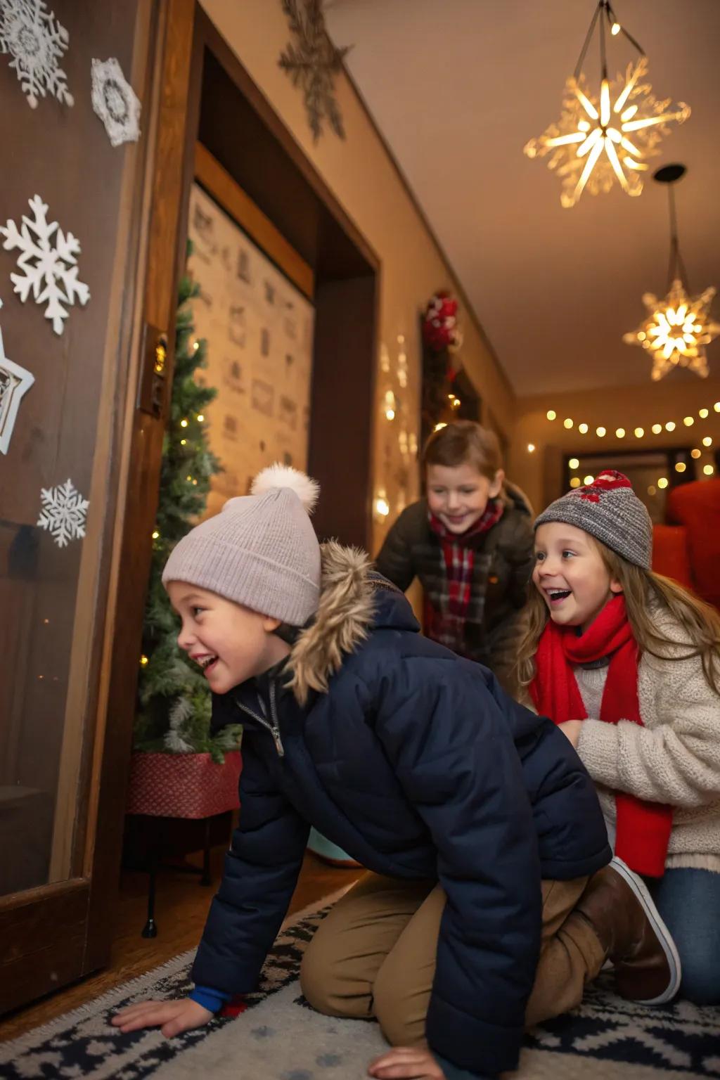 Kids eagerly participating in a winter-themed indoor scavenger hunt.