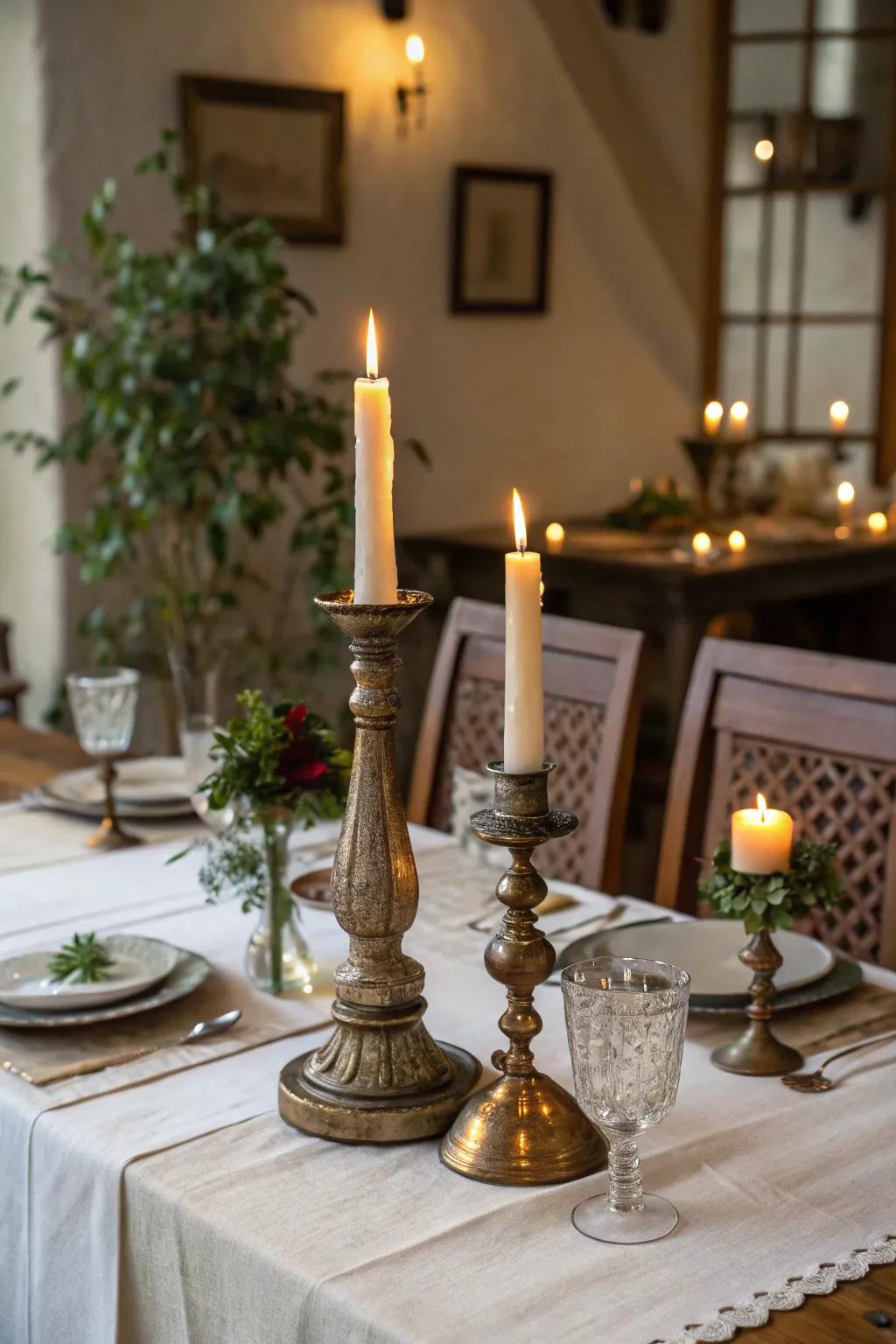 Candles in vintage holders create a warm and inviting atmosphere.