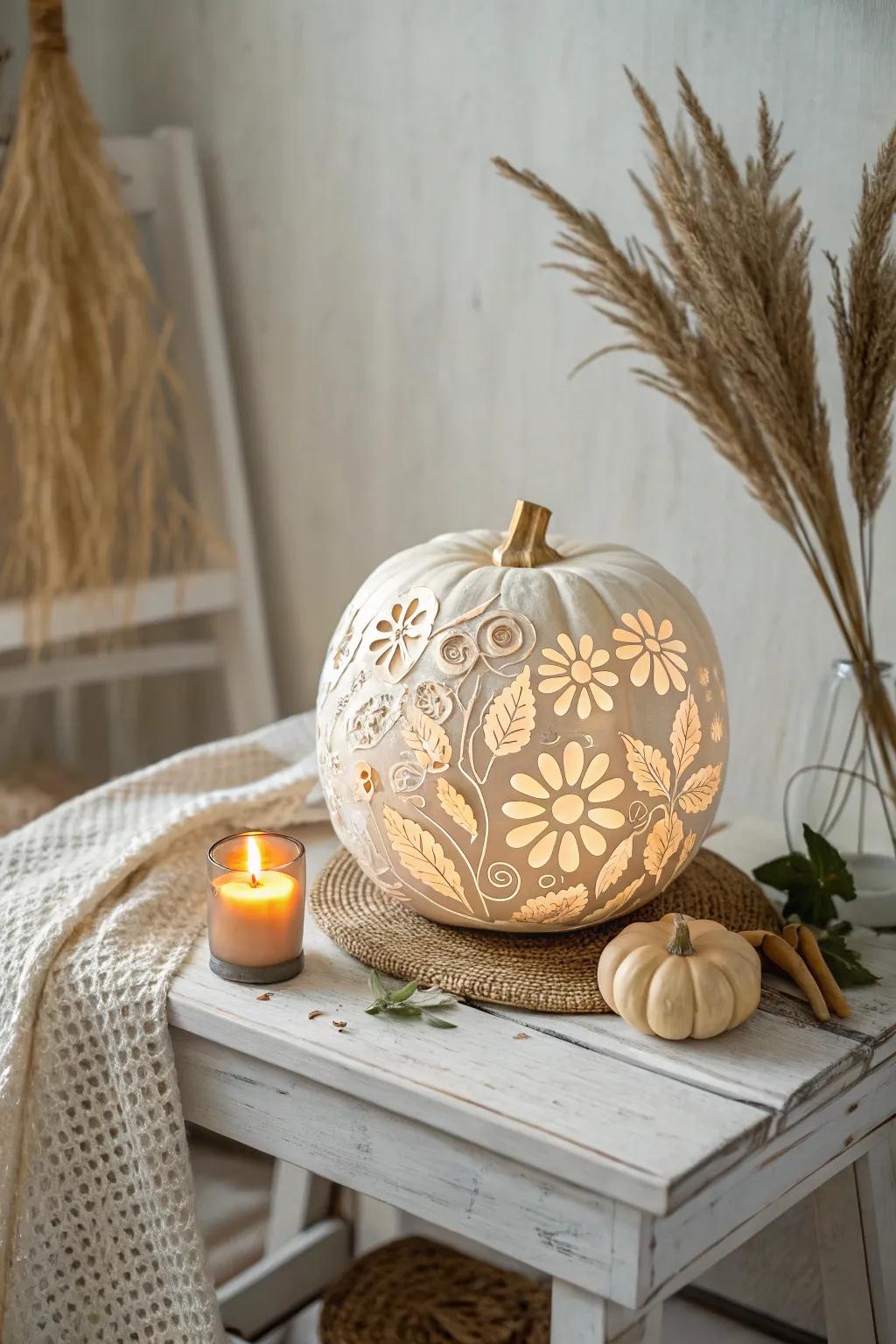 Embrace the beauty of illuminated patterns with intricate floral carvings, creating enchanting shadows that dance with the warmth of Scandinavian simplicity.
