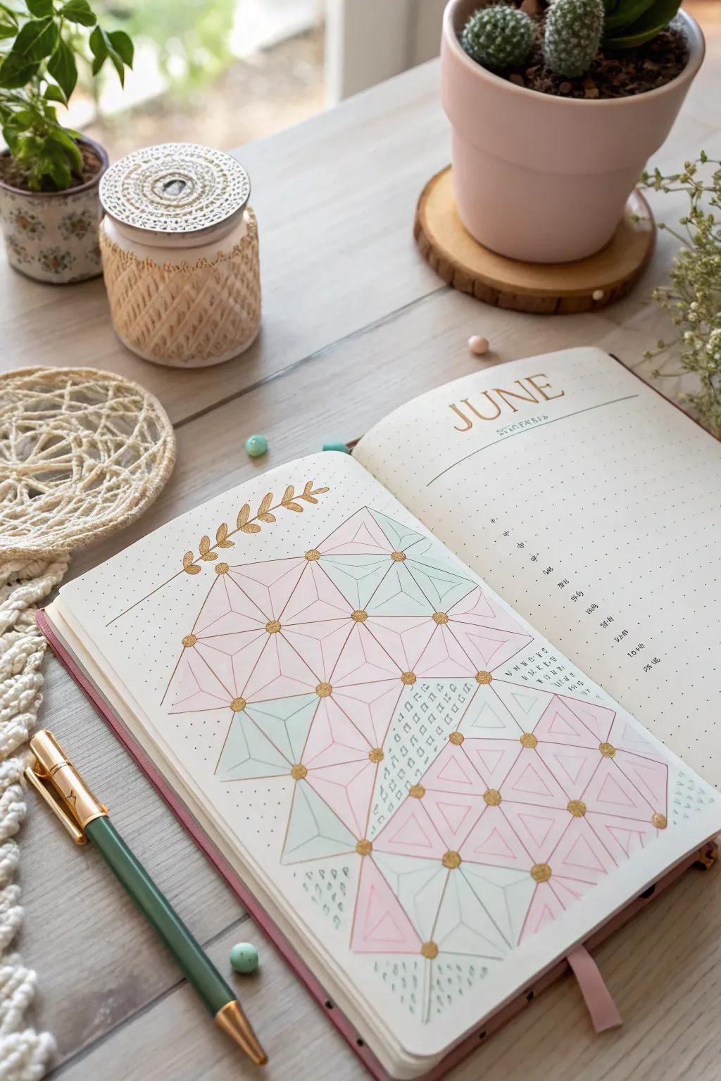 Embrace simplicity and elegance with geometric patterns for your June bullet journal cover. 🌿✨ #BulletJournal #MinimalistDesign #ScandinavianStyle