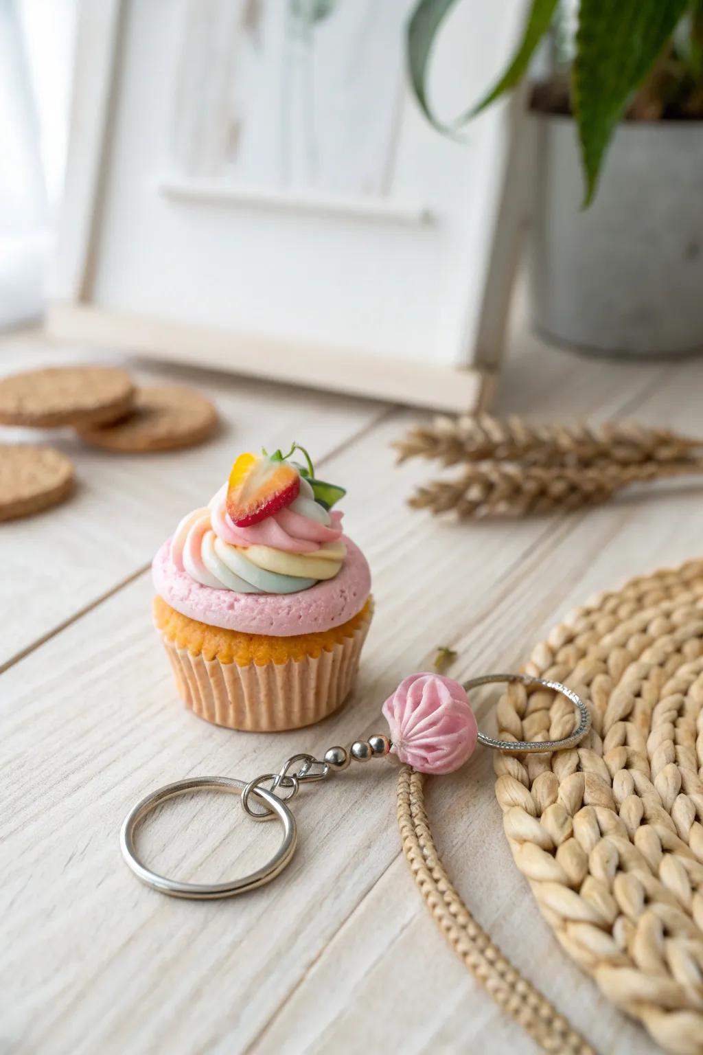 Add a sprinkle of sweetness to your keys with this charming clay cupcake keychain.