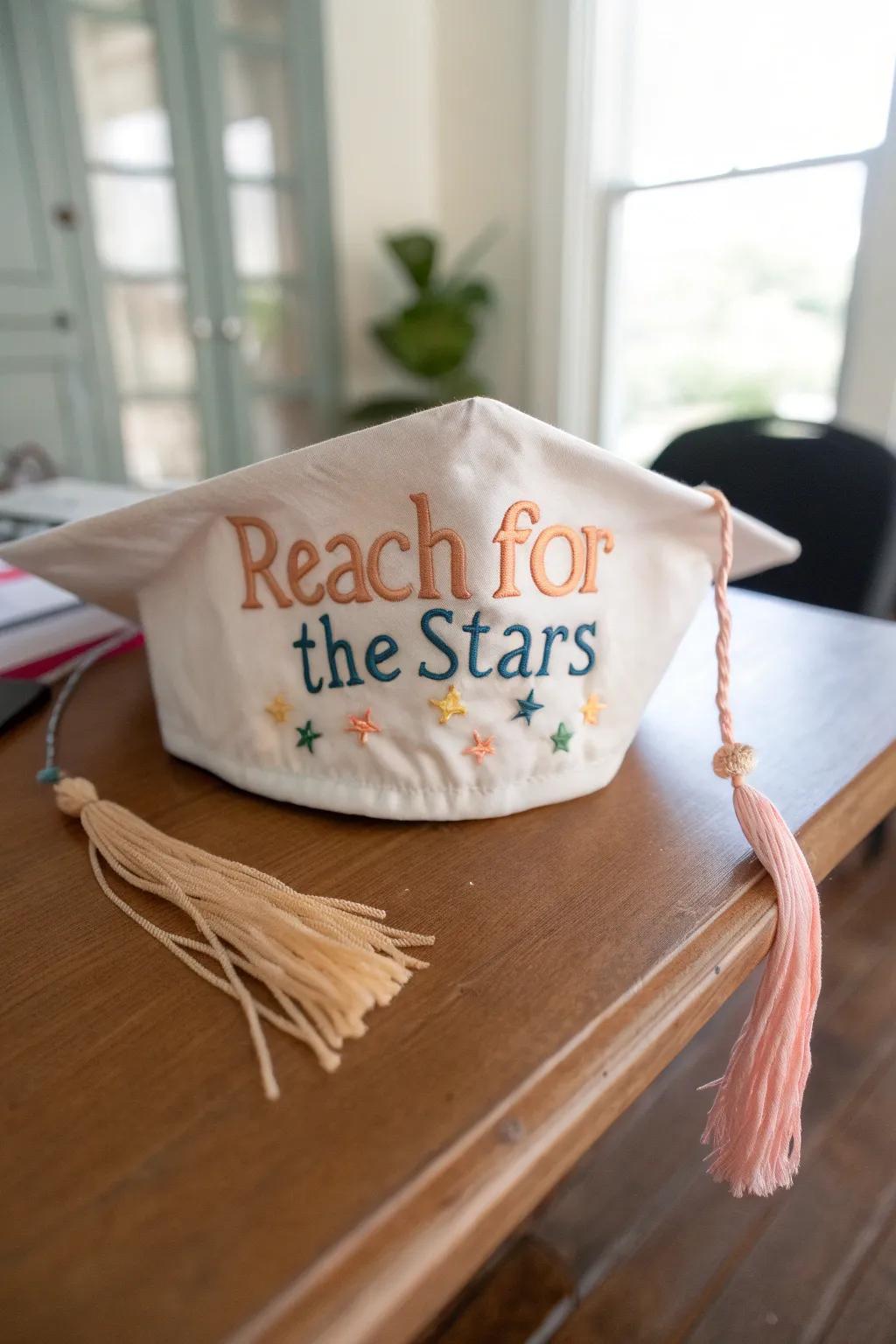 Inspire little minds with a handcrafted cap that encourages them to 'Reach for the stars' in style.