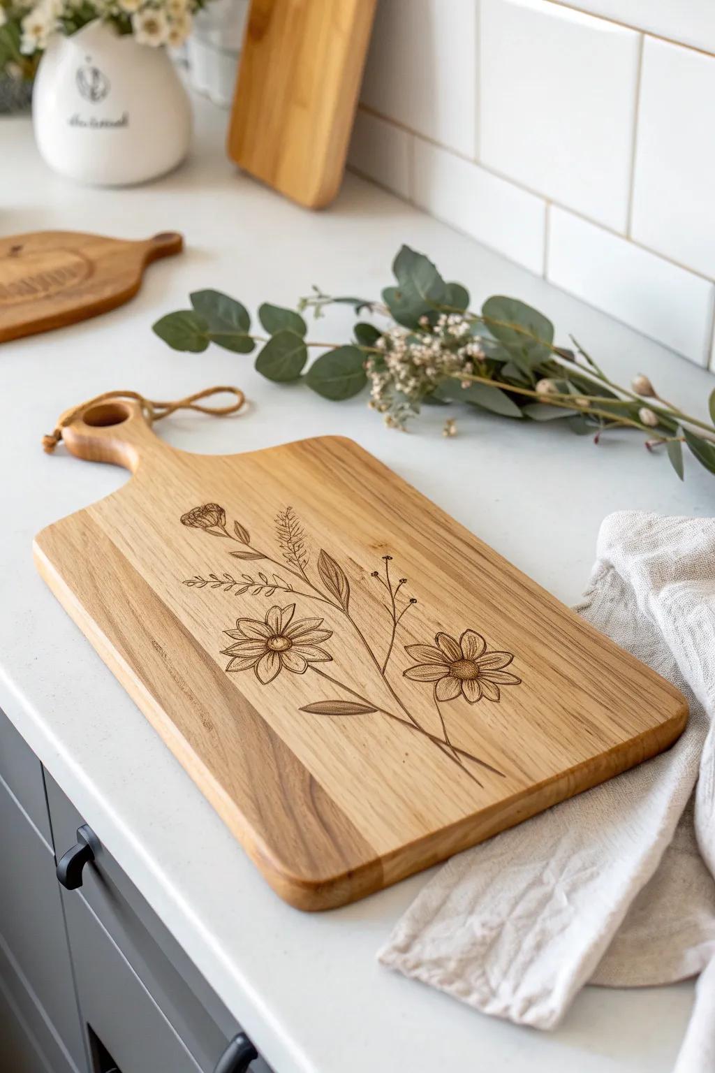 Add a personal touch to your kitchen with an artfully engraved cutting board, blending simplicity and elegance seamlessly.