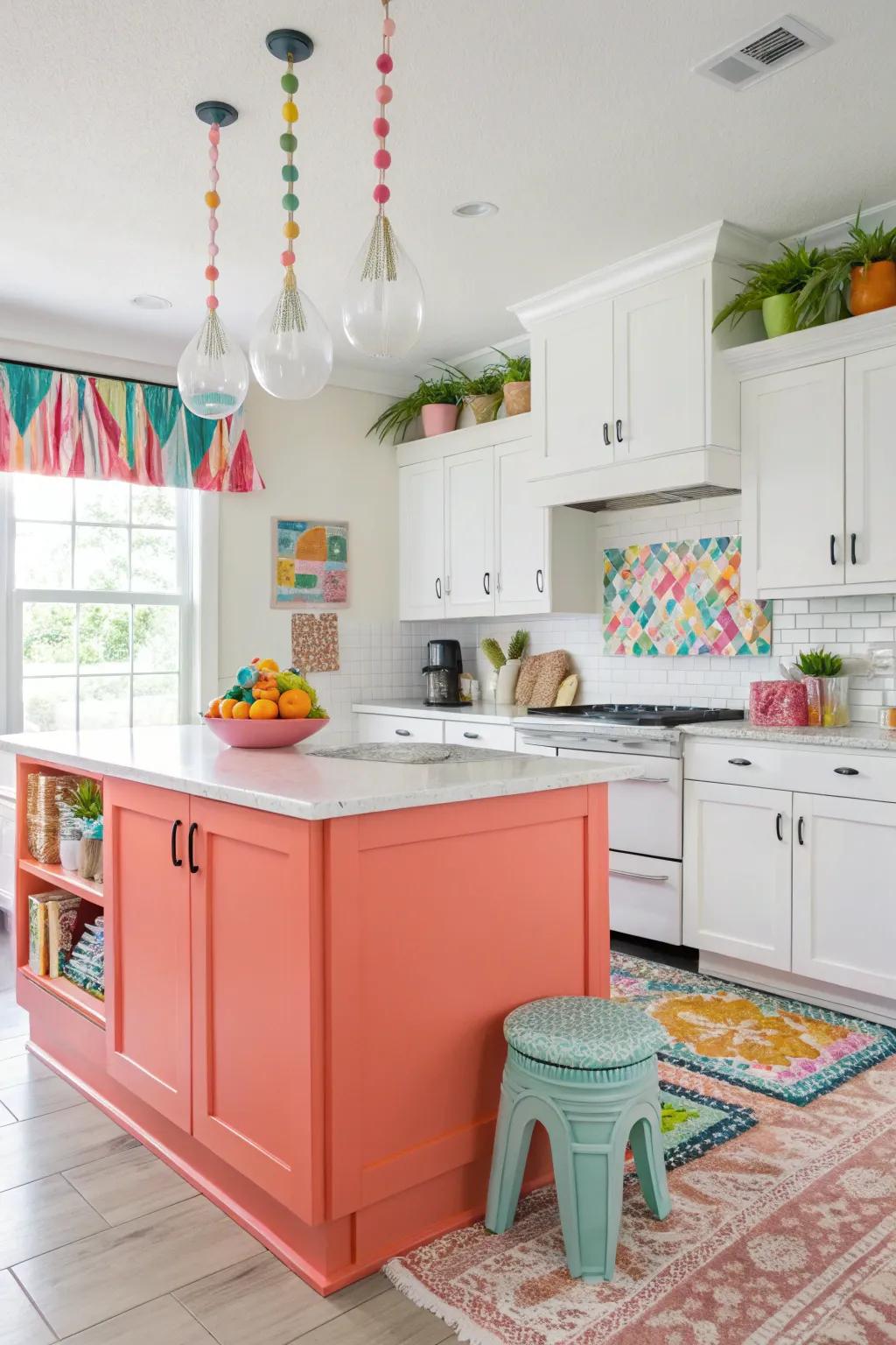 A coral kitchen island adds a playful and energetic vibe to the kitchen space.