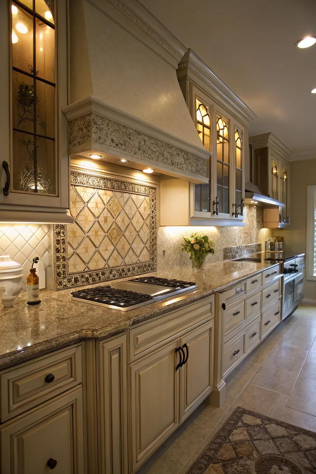 Accent lighting creates stunning focal points in a windowless kitchen.