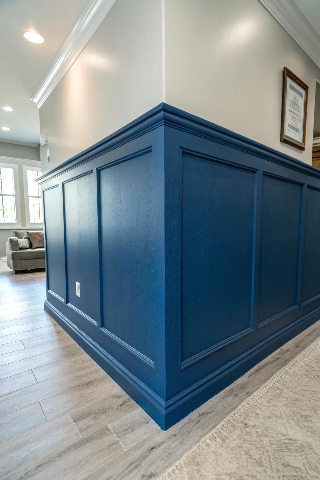 Transform your space with a bold knee wall foundation; deep blue elegance meets craftsmanship.