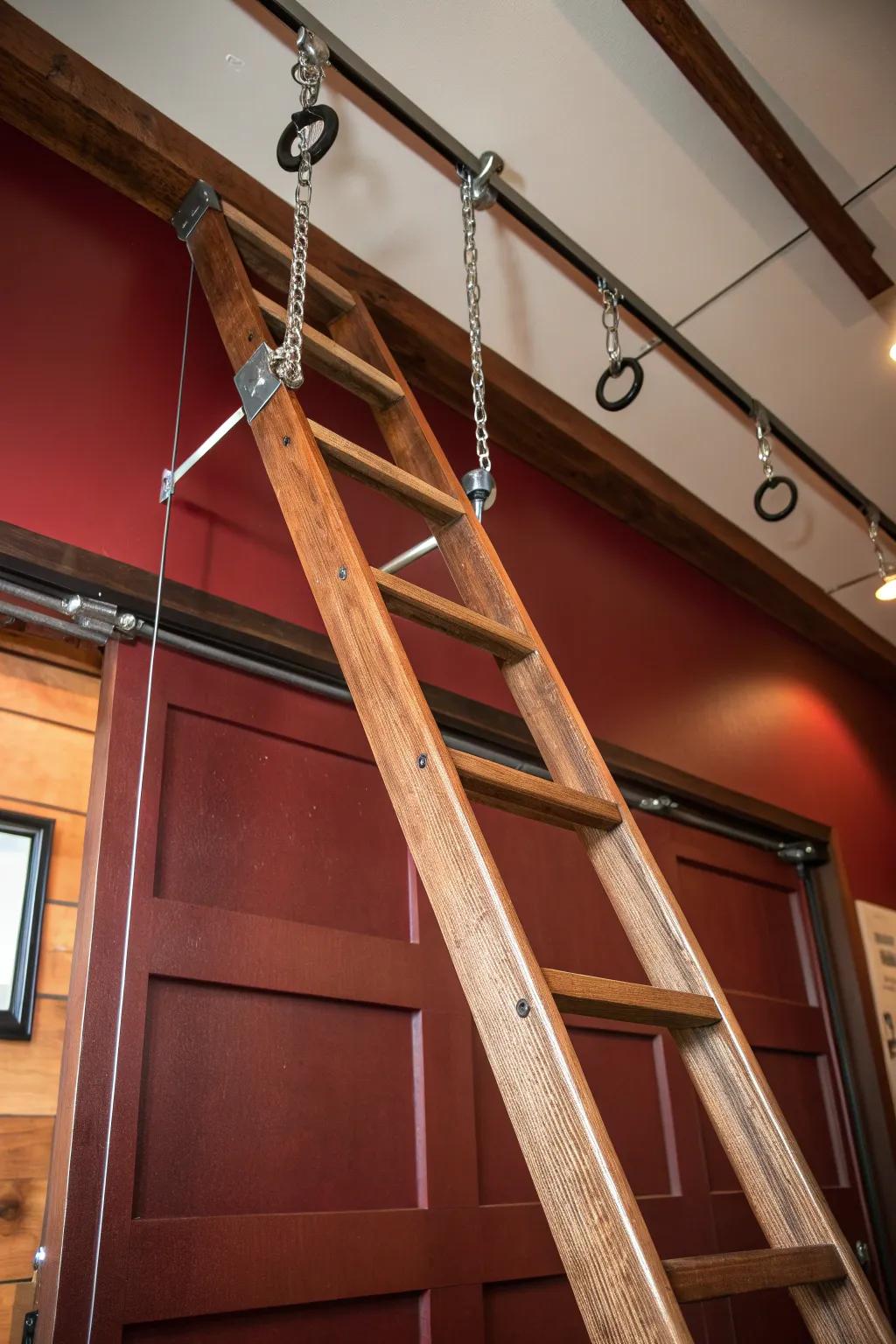 Elevate your storage game: Stylish ladder organization with industrial ceiling hooks.