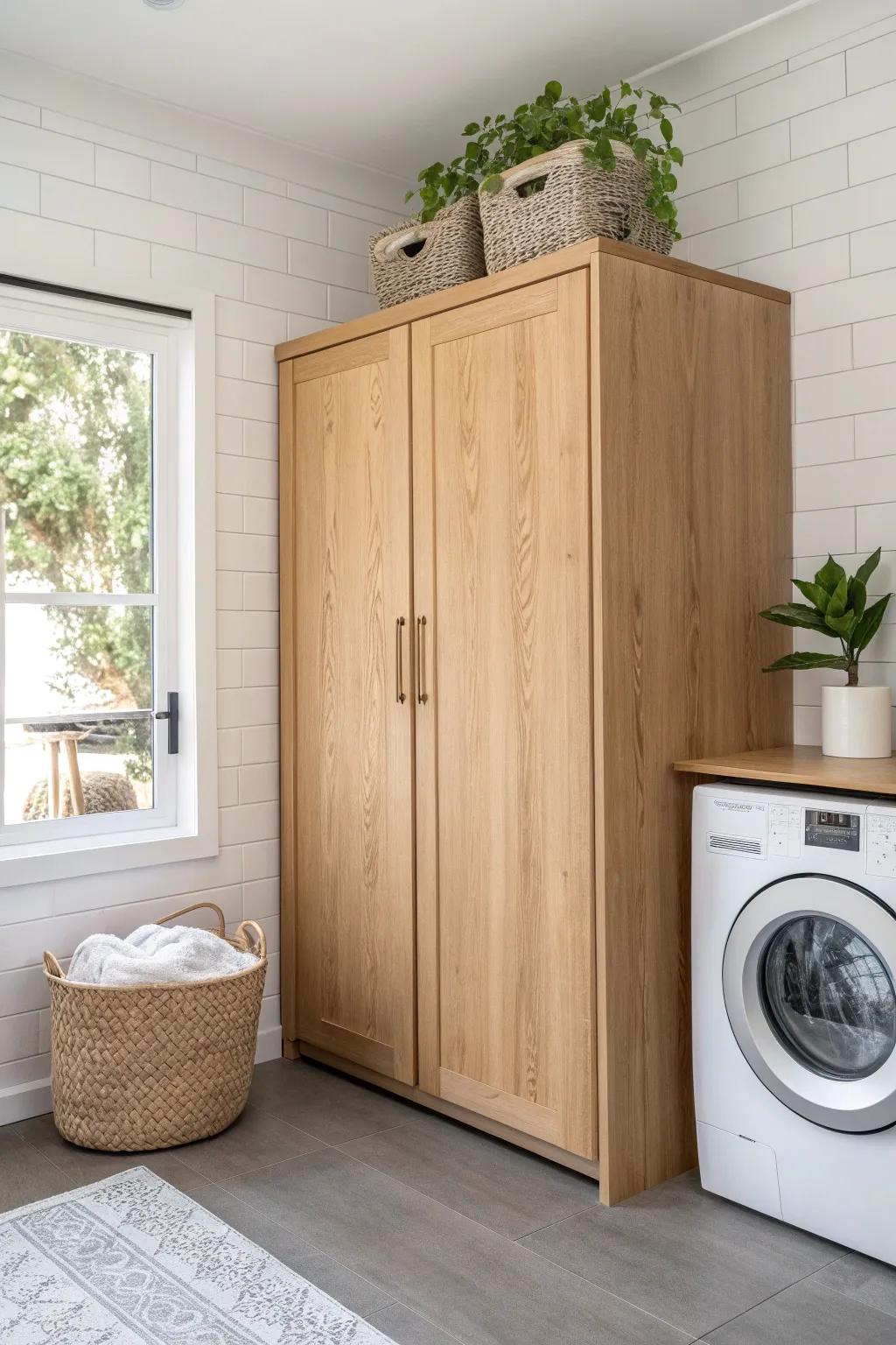 Transform your laundry space with clever cabinetry that embodies minimalist charm and keeps your essentials beautifully concealed.
