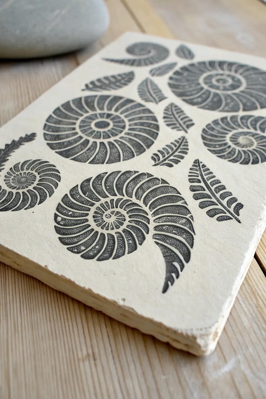 Discover ancient beauty with this minimalist fossil-inspired linocut.