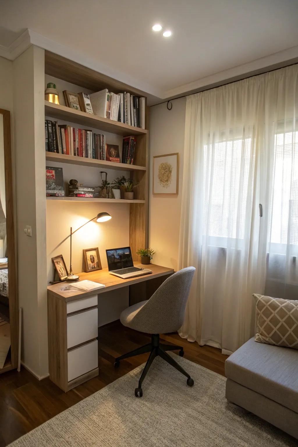 A compact desk maximizes functionality in small spaces.