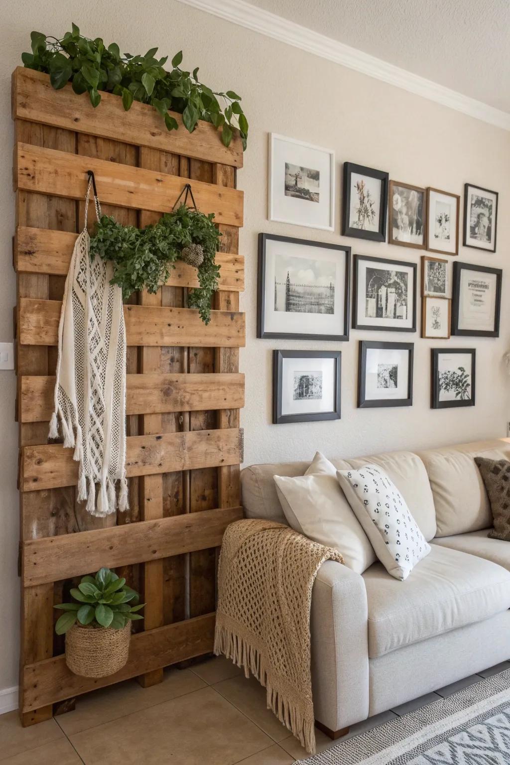 Transform your space into a conversation starter with a rustic pallet wall gallery.