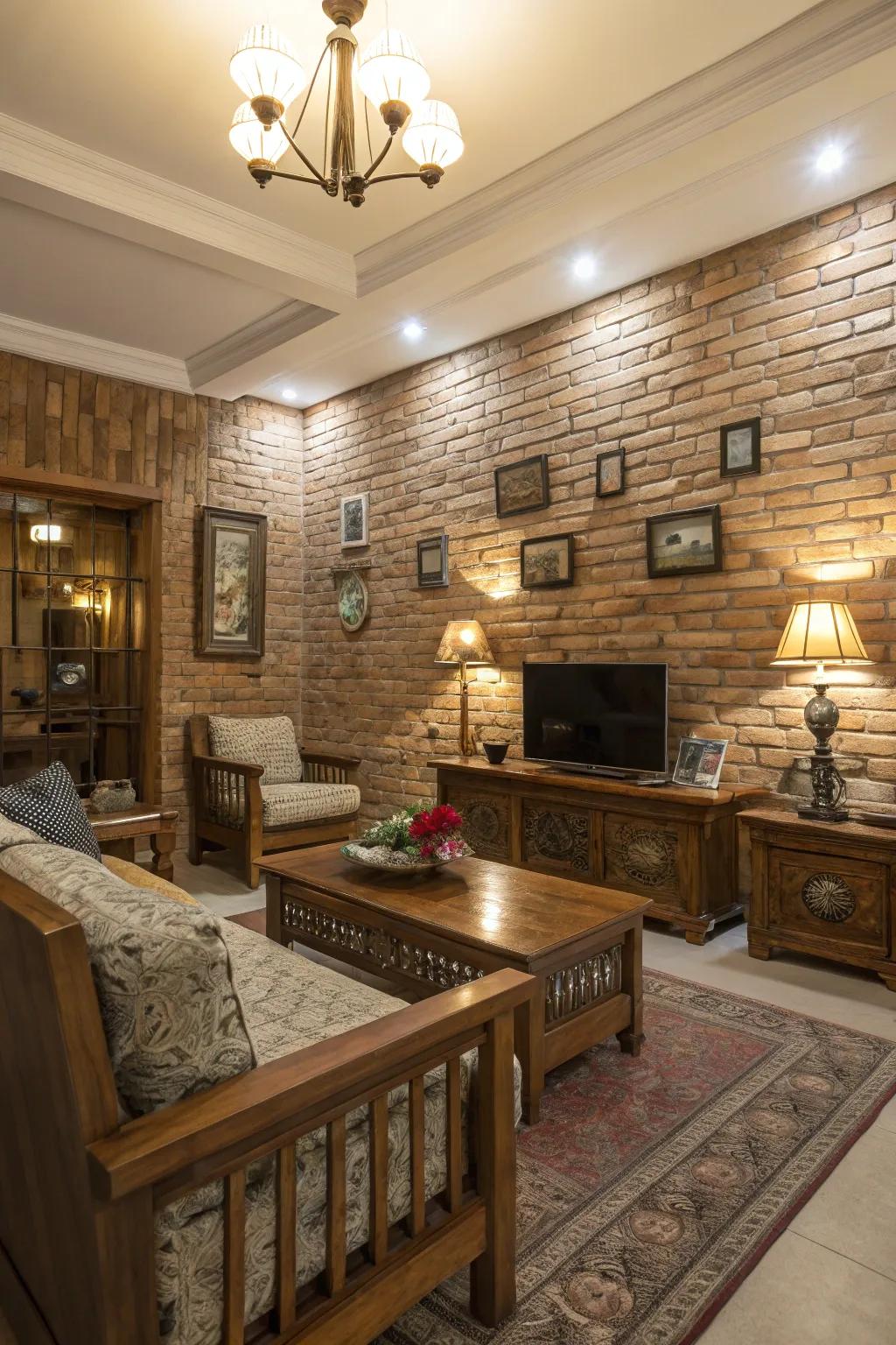 Faux bricks bring vintage charm and texture.