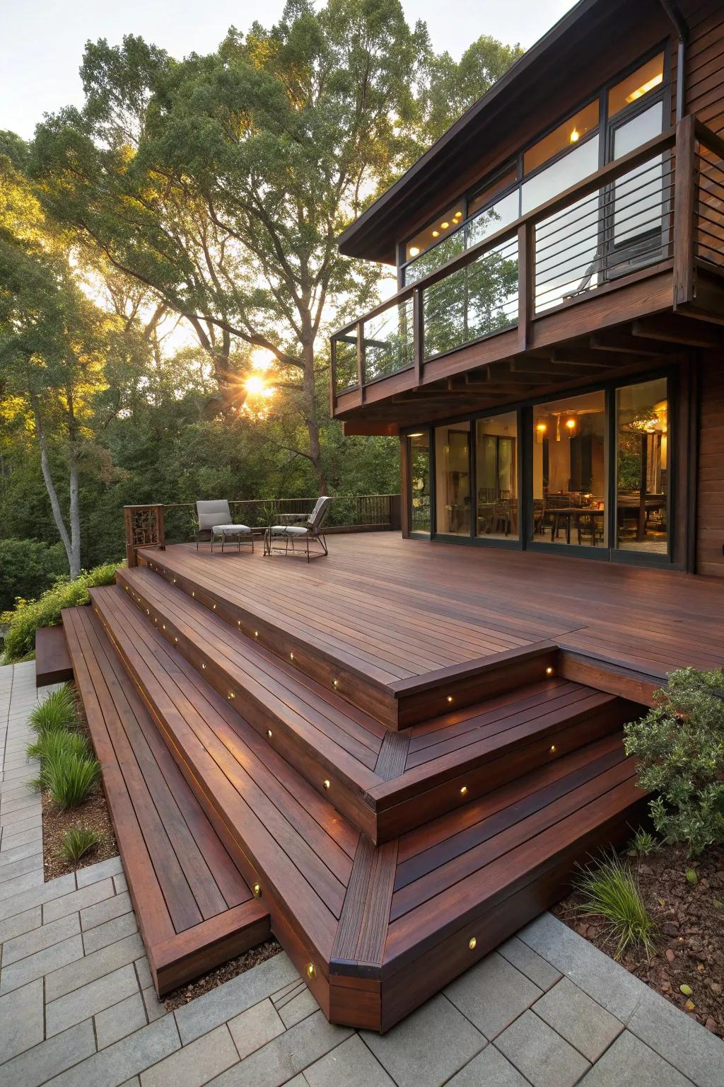 Transform your yard with this stunning multi-level floating deck that combines style with craftsmanship.