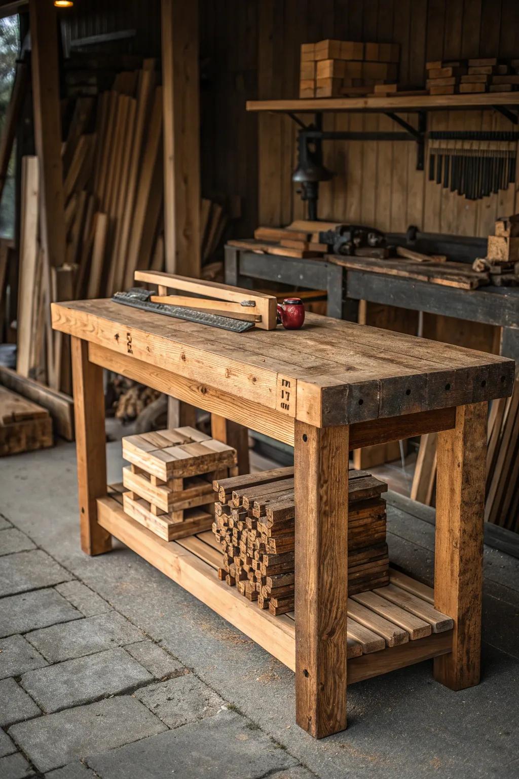 Maximize your workspace: Stylish under-bench lumber storage for the discerning craftsman.