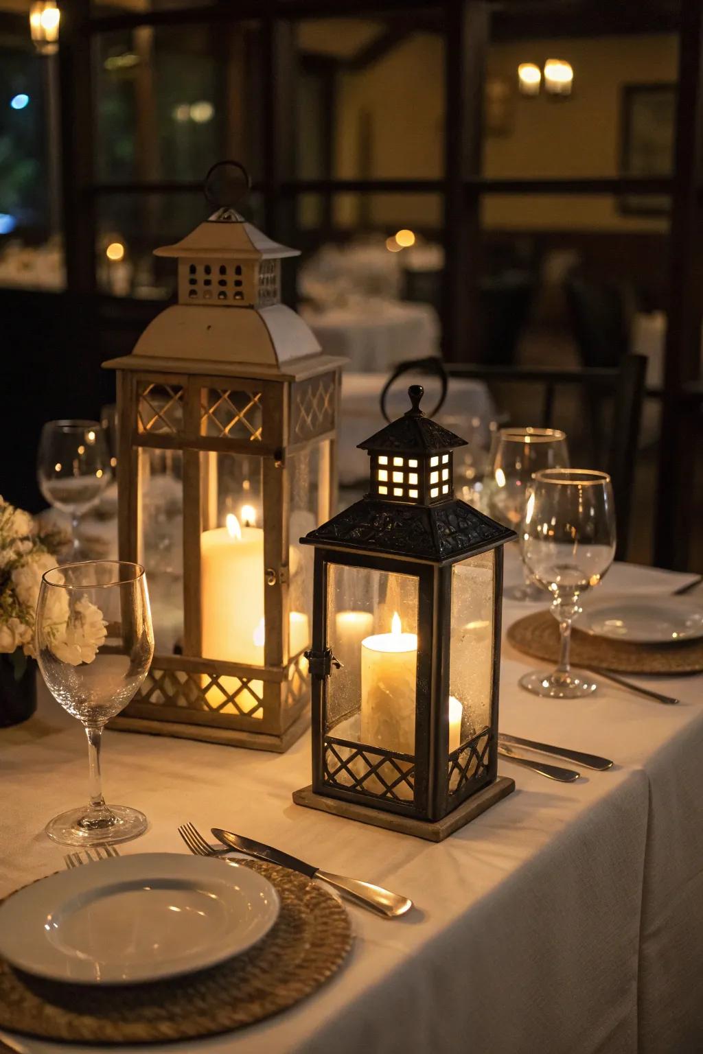 Lantern-style candle holders offer a cozy glow.