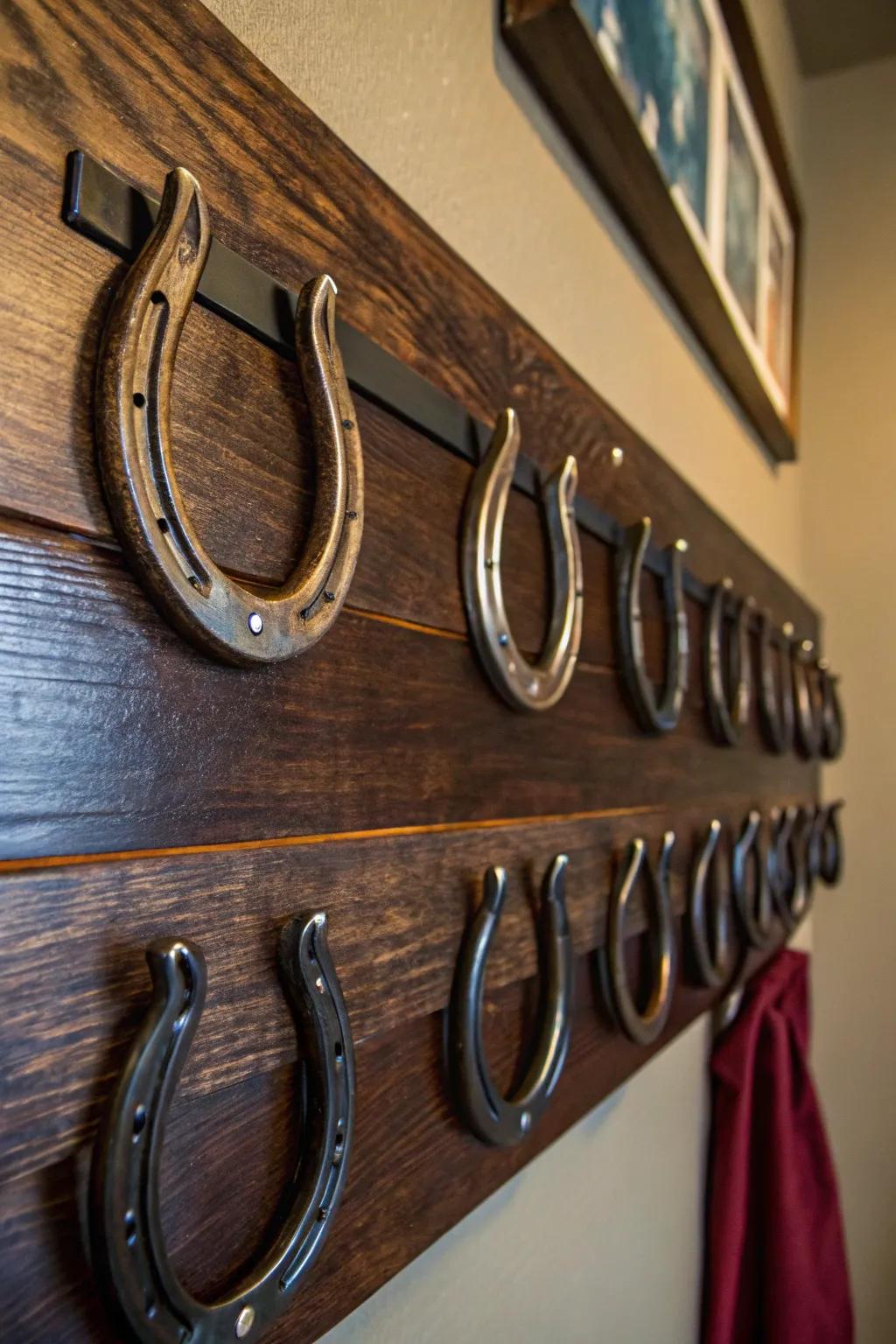 Transform your hallway with this ruggedly handsome horseshoe coat rack, where rustic charm meets masterful craftsmanship.