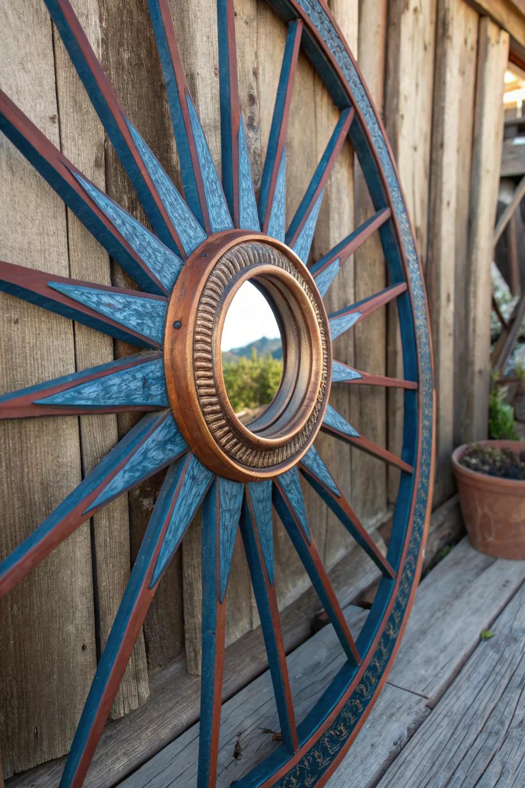 Repurpose elegance: A striking sunburst mirror frame crafted from a vintage wagon wheel.