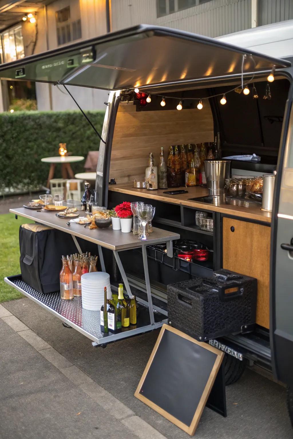 A convertible fold-out table adds versatility to this mobile bar.