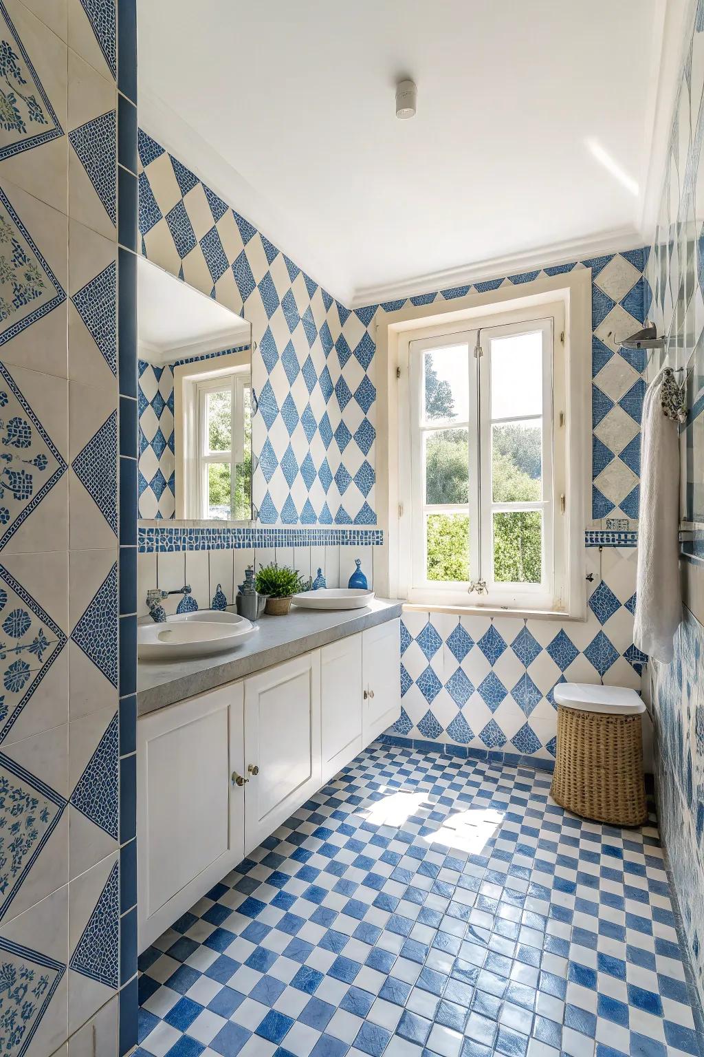 Blue and white patterns bring a classic and fresh look to this elegant bathroom.