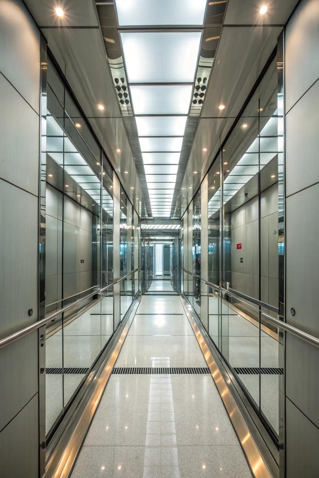 An elevator interior with mirrors for an expansive and bright atmosphere.