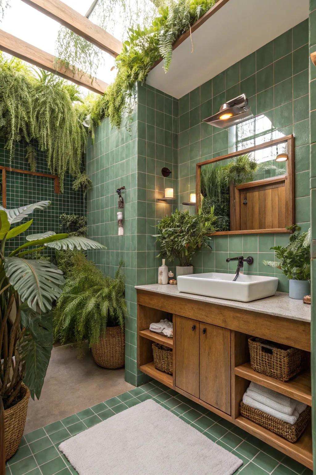 Nature indoors with green tiles and natural accents.