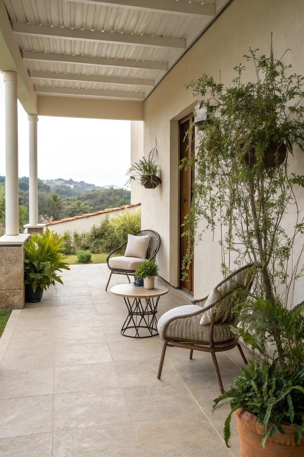 Neutral palettes create a serene, modern patio aesthetic.