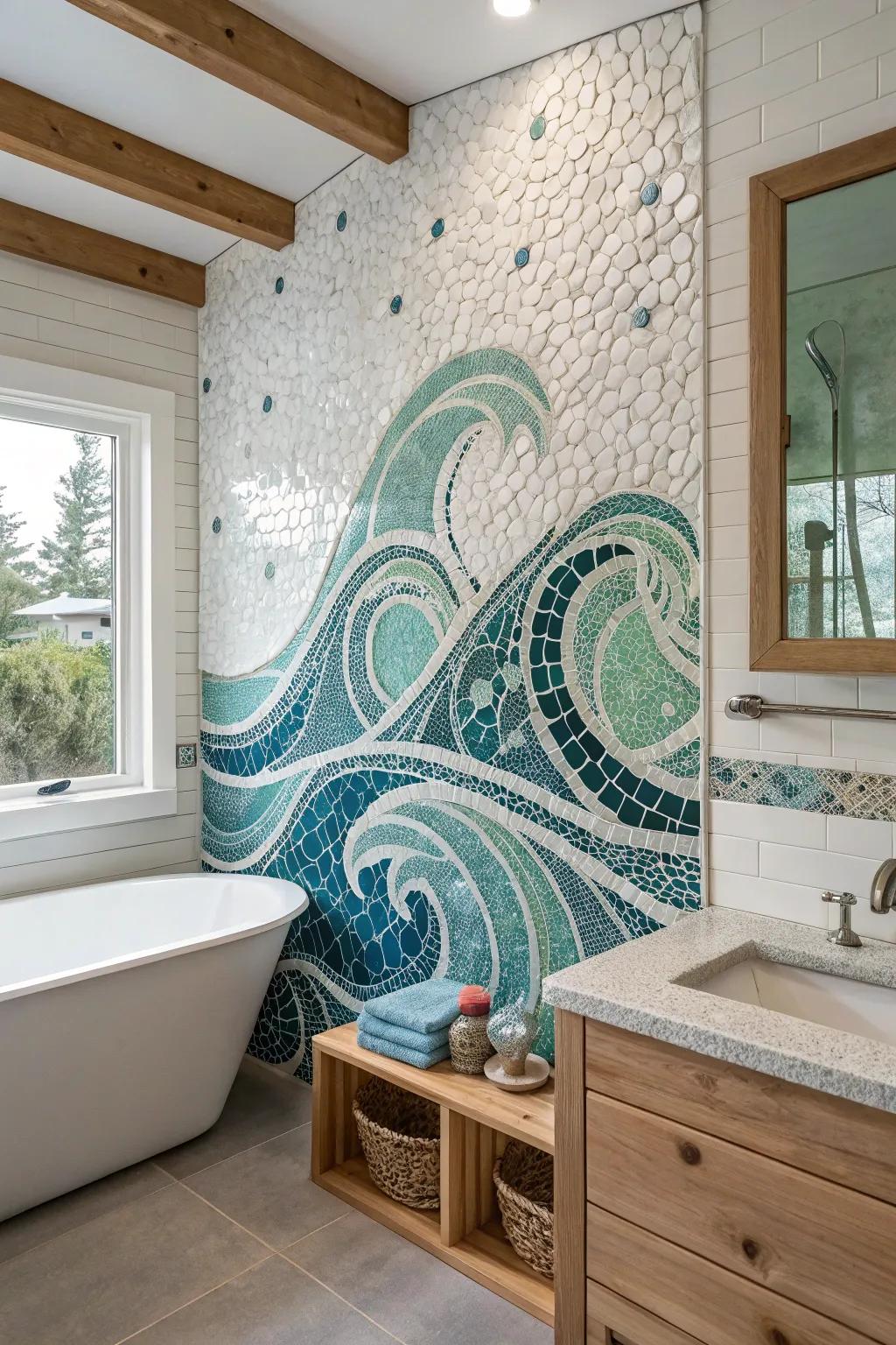 Dive into tranquility with sea-inspired mosaic tiles for a serene bathroom escape. 🌊✨ #BathroomBliss #MosaicArt