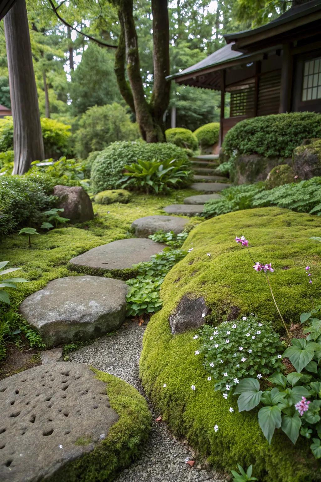 Moss-covered stones that create a woodland atmosphere.