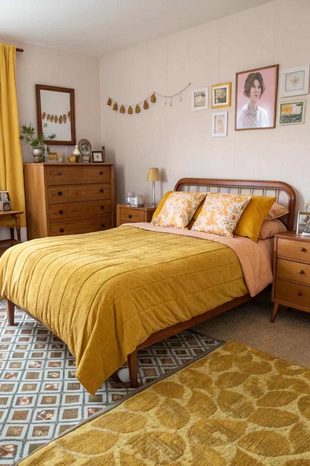 A retro-inspired bedroom with mid-century touches and mustard accents.