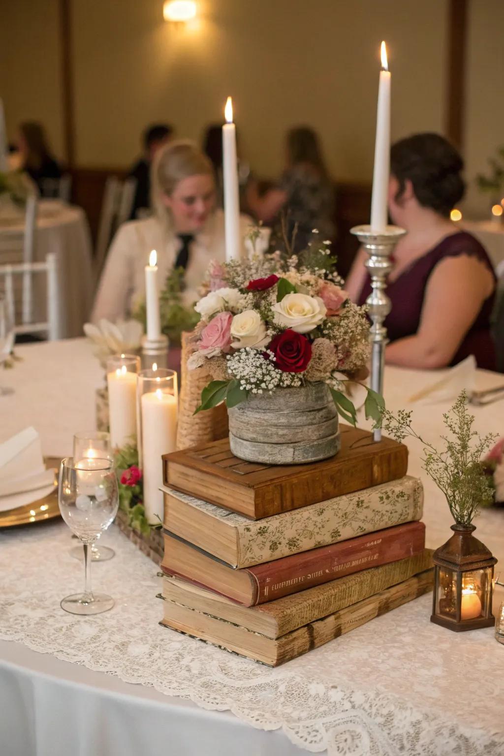 Unique table centerpieces add depth and interest to the decor.