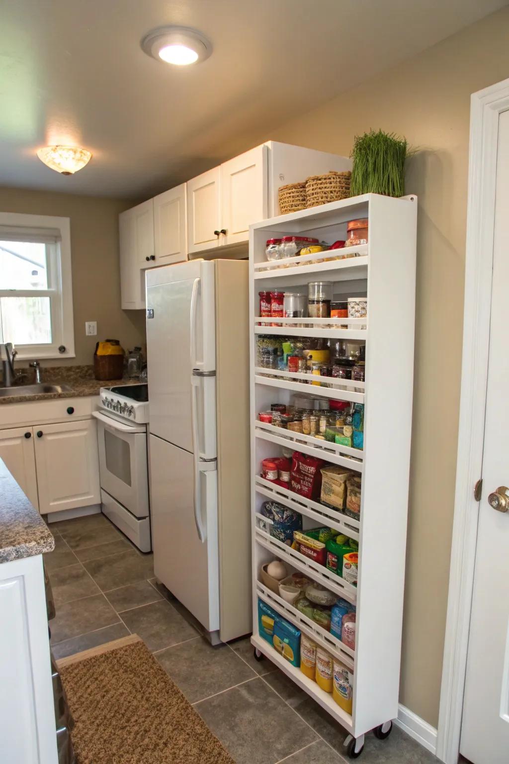 A narrow rolling pantry offering extra storage in a compact kitchen.