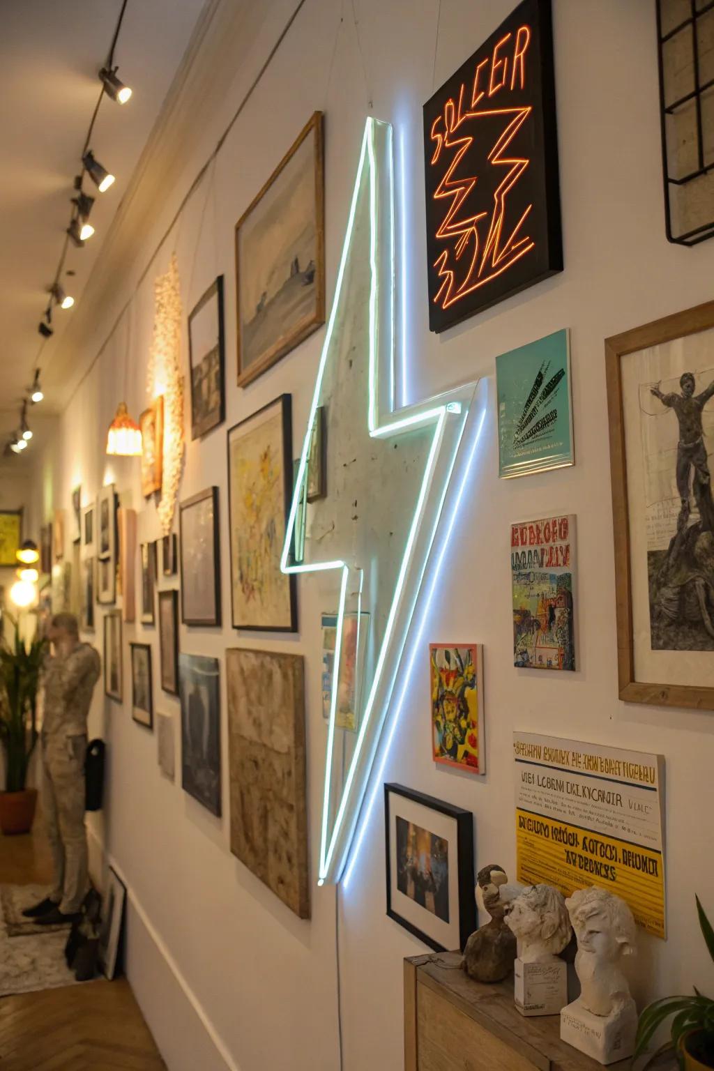 A neon lightning bolt sign adds an electrifying touch to a gallery wall.