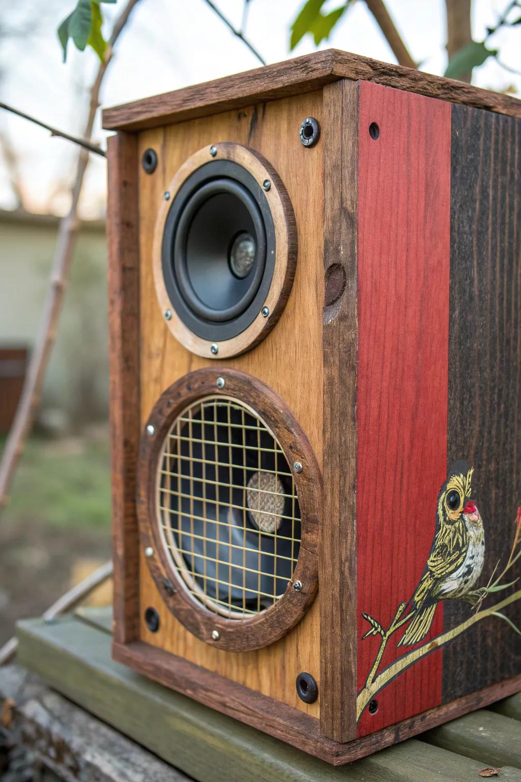 Transform vintage vibes into a cozy avian abode with this unique speaker box nesting idea.