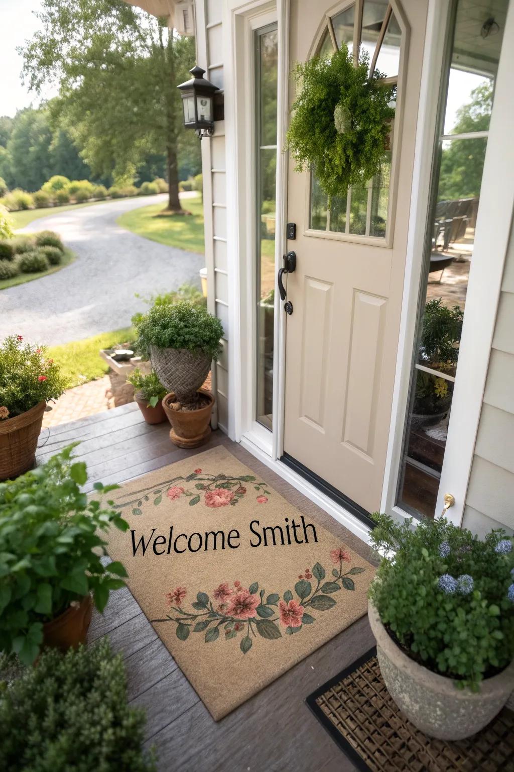 A personalized welcome mat greets guests with charm.