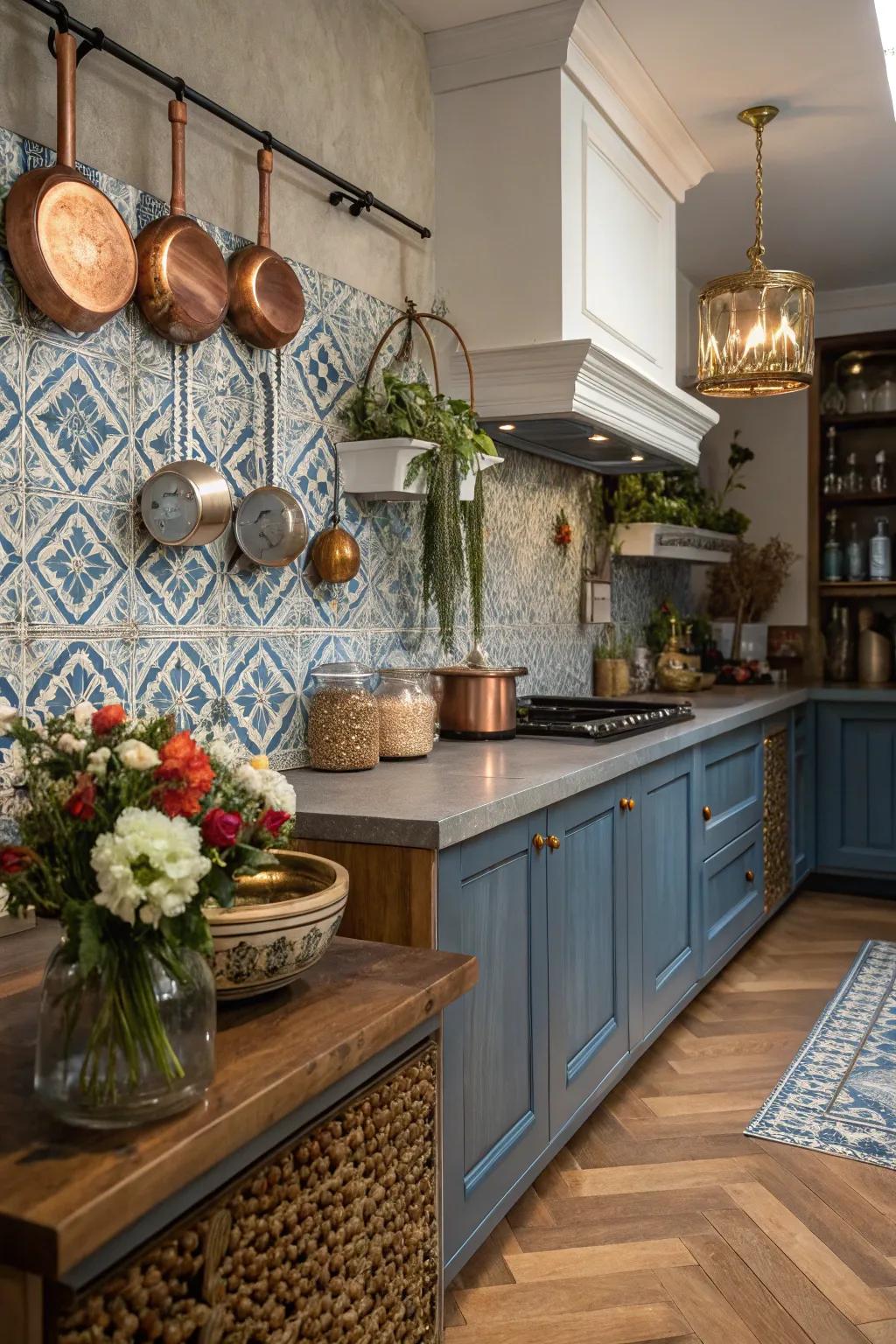 A kitchen with attention to detail, showcasing a unique backsplash and artistic touches.