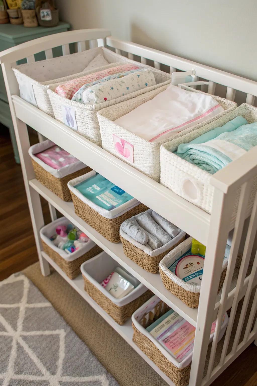 Under-crib storage helps keep the nursery nook organized.