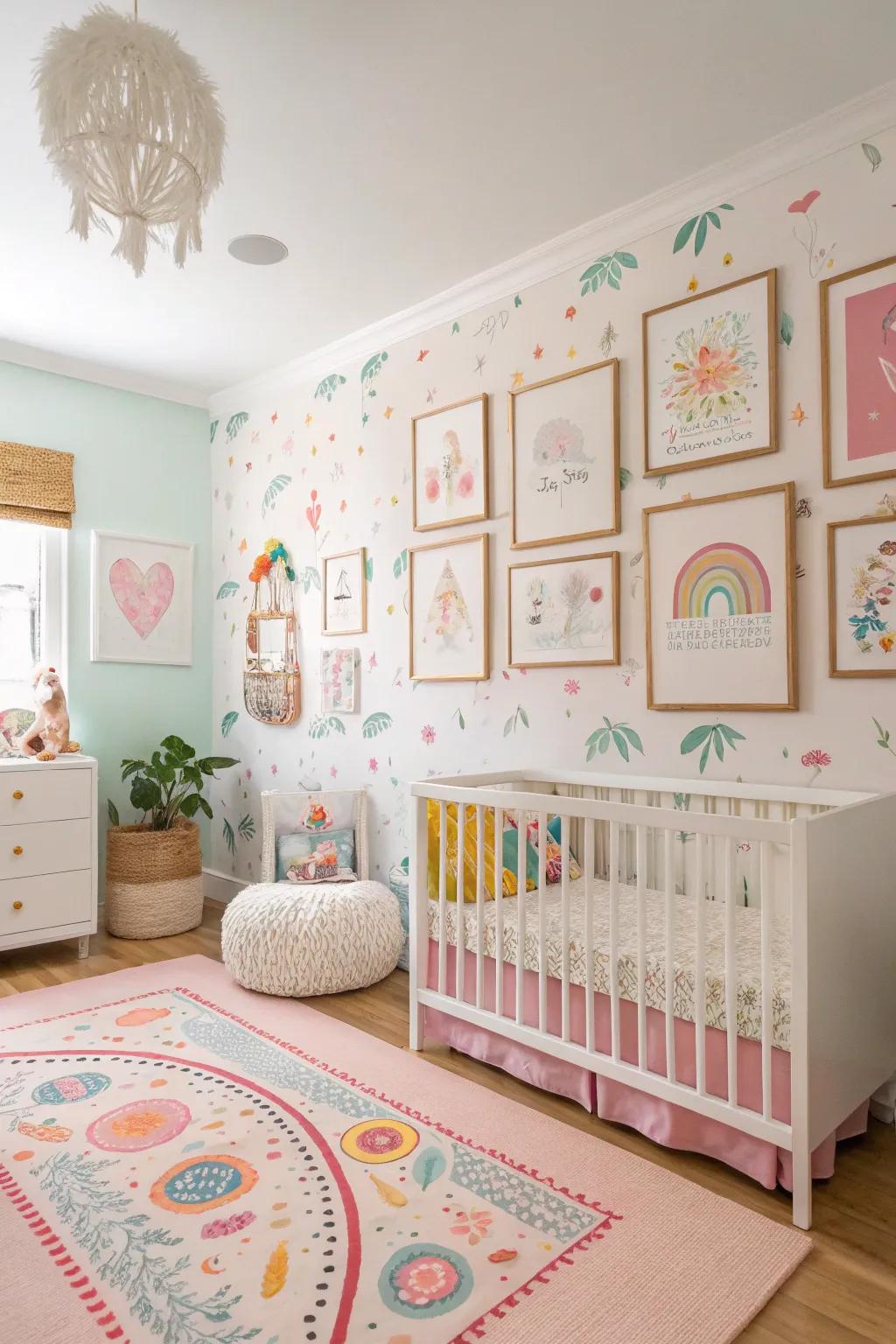 Whimsical art creates a magical nursery atmosphere.