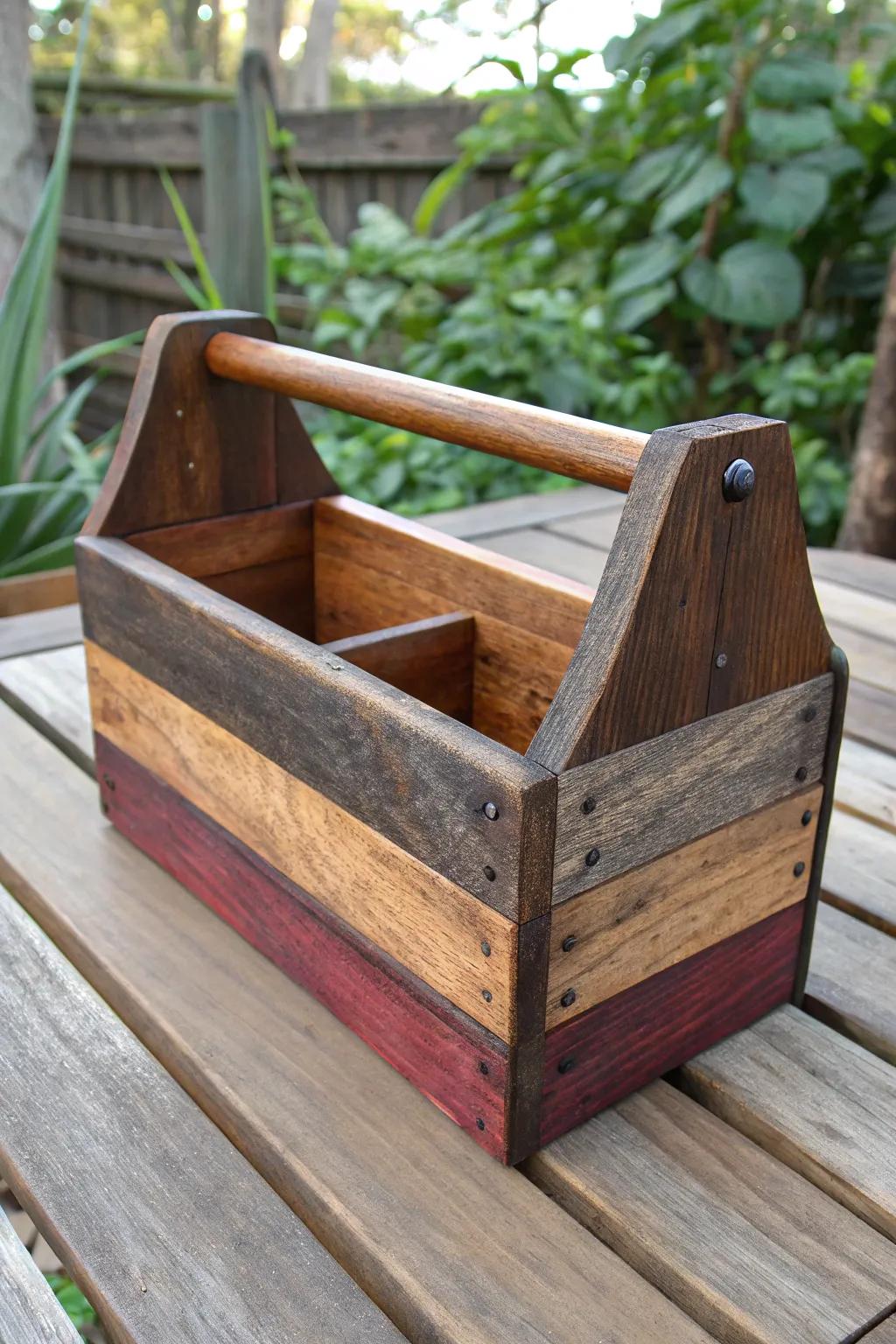 Elevate your garden organization with this rustic, handcrafted tool caddy.