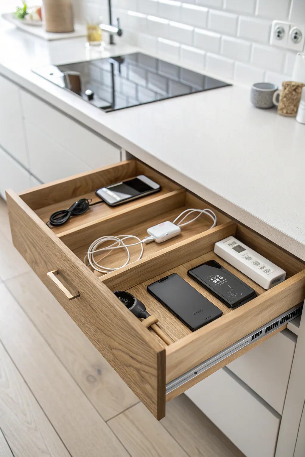 Elevate your kitchen organization with a chic hidden charging station. Keep your gadgets handy and your space clutter-free.