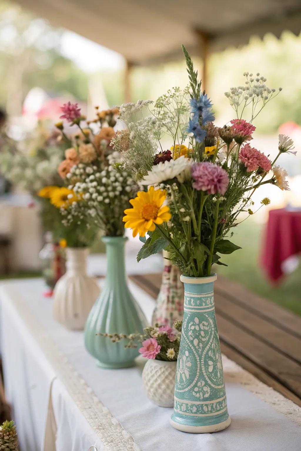 Charming eclectic centerpieces with vintage vases and wildflowers.