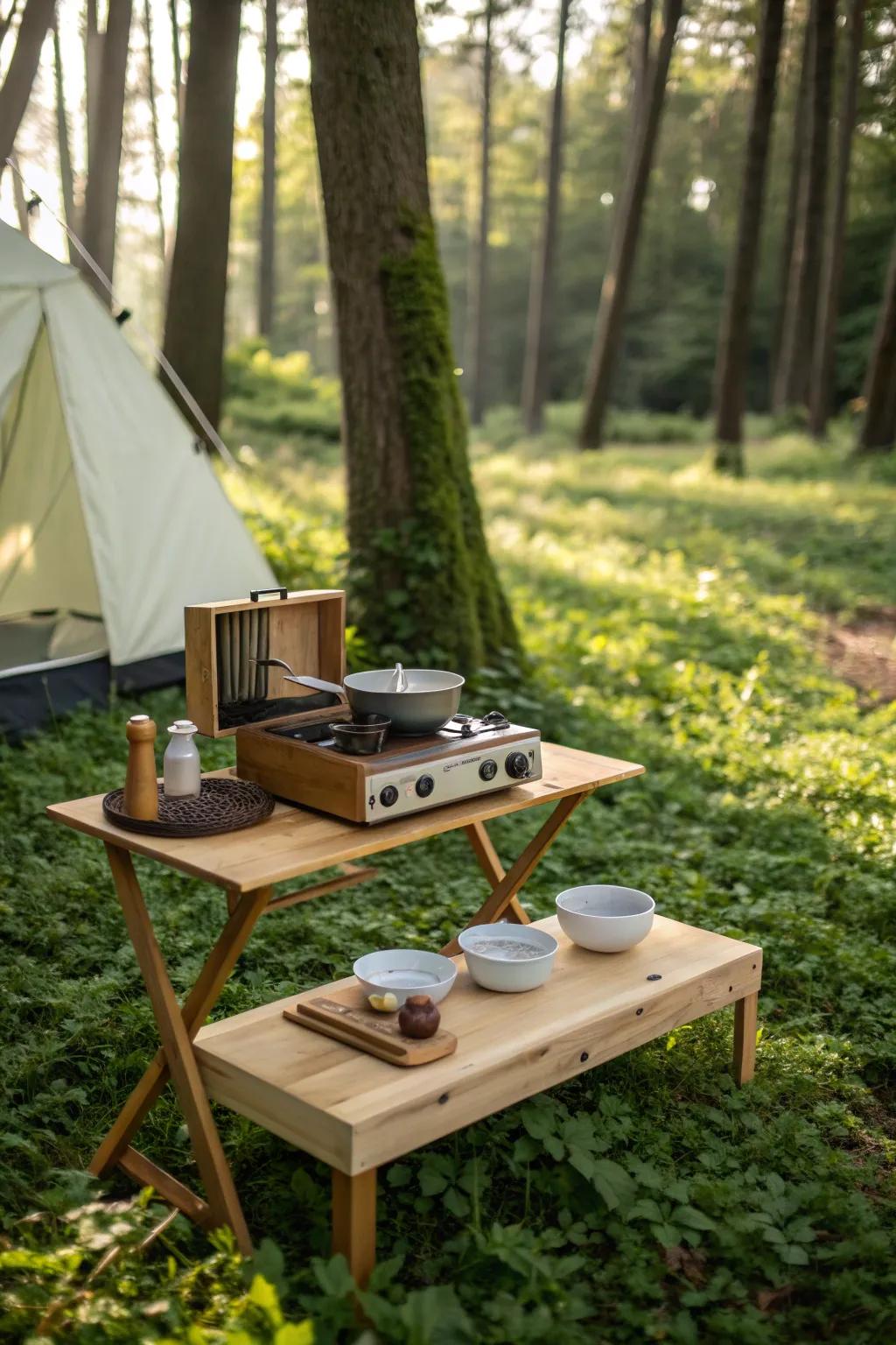 Transform your camping kitchen with a minimalist setup that blends efficiency and natural beauty.
