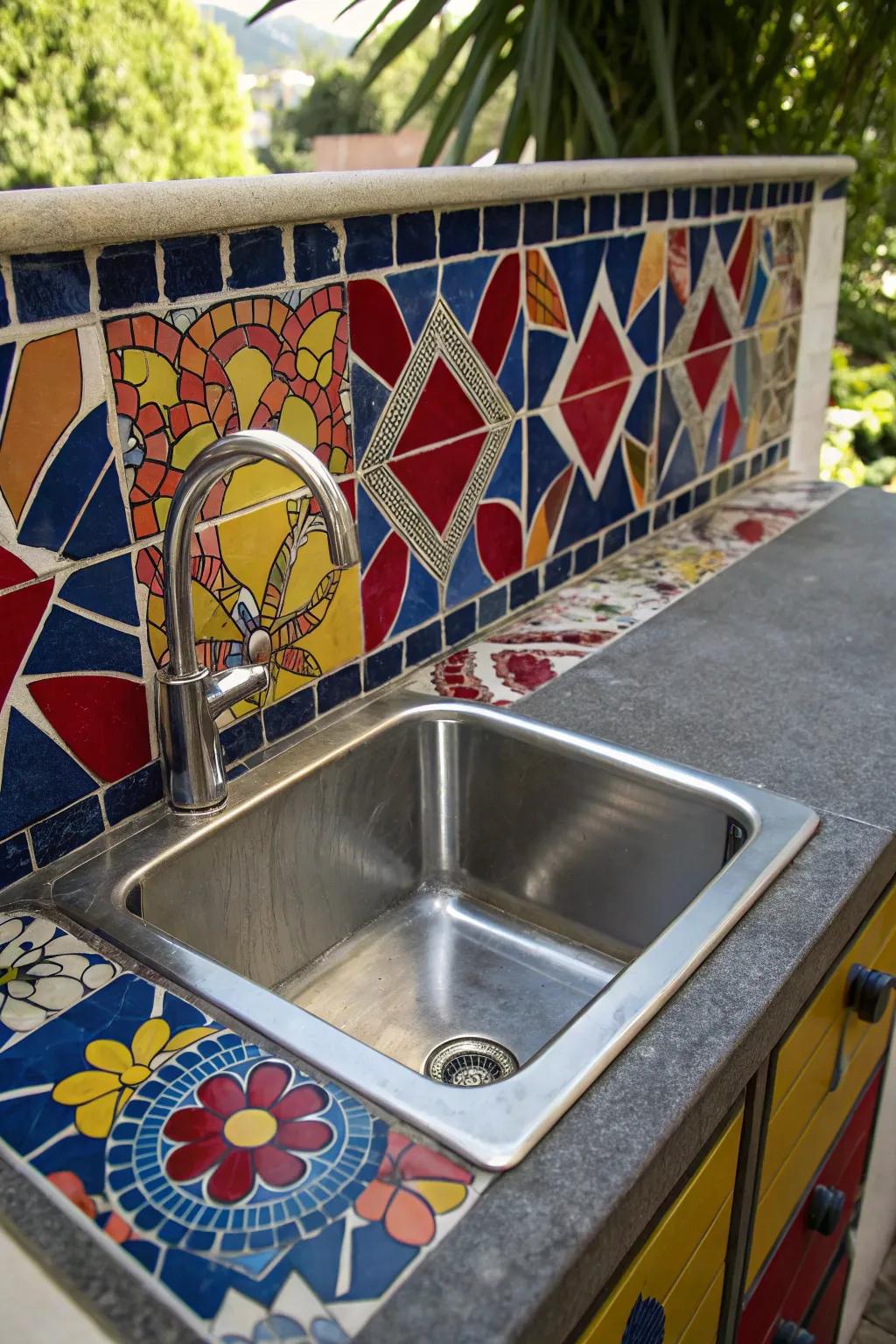 Transform your outdoor space with a bold and vibrant mosaic tile backsplash. A masterpiece of color and craftsmanship!